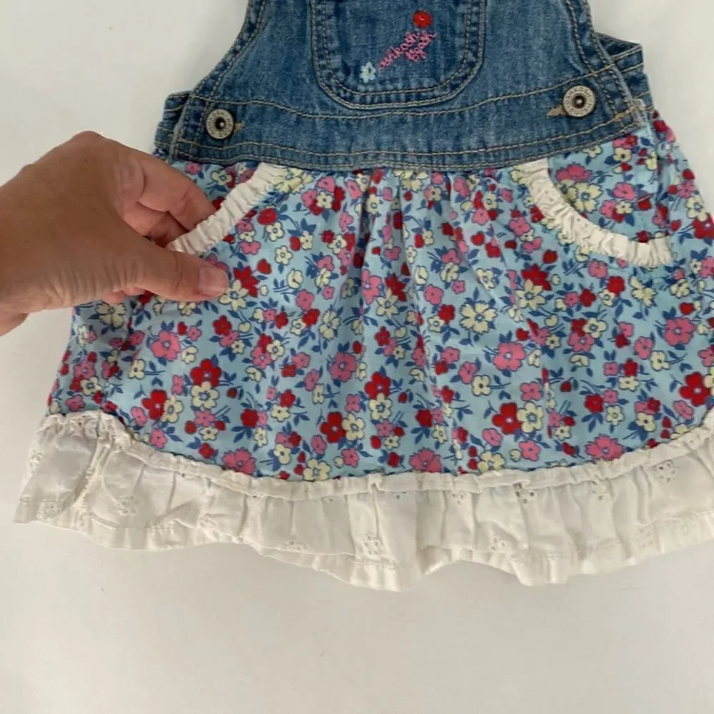 OshKosh B’gosh Denim Overall Dress Floral Print 9 Months Old